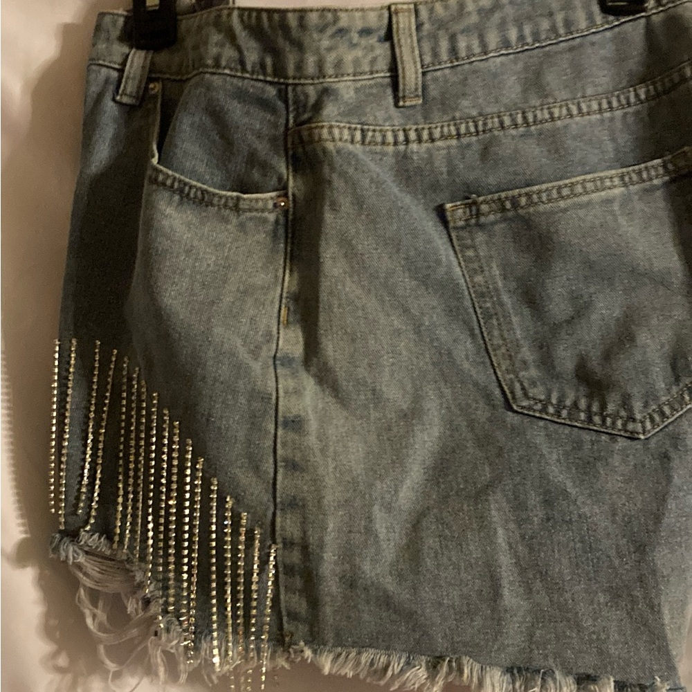 Denim Skirt with Rhinestone Fringe